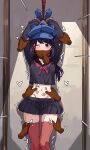  1girl arms_up bakasp-lilzy black_shirt black_skirt blue_gloves blue_hat blush bound bound_arms bound_wrists breasts cappie_(miside) choker clenched_hand commentary crop_top cuffs english_commentary feet_out_of_frame gloves hair_between_eyes hat heart highres indoors large_variant_set long_hair long_sleeves looking_at_viewer medium_breasts midriff miniskirt miside mita_(miside) motion_lines navel neckerchief newsboy_cap no_panties one_eye_closed pleated_skirt purple_eyes purple_hair red_choker red_neckerchief red_thighhighs restrained restraints rope shadow shirt sidelocks skirt solo standing stationary_restraints stomach thighhighs thighs tickle_torture tickling tickling_legs tickling_sides tickling_stomach trembling variant_set wrist_cuffs 
