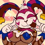 1:1 2026 5_fingers anthro bell bodypaint brown_body brown_fur brown_inner_ear buckteeth clothing dessert face_paint felino female fingers food fool's_hat front_view fur gloves grin hand_on_face handwear hat headgear headwear ice_cream jester jester_bunny_(felino) lagomorph leporid mammal nipple_outline no_pupils open_mouth pasties pink_eyes rabbit raised_hands shirtless smile solo striped_body striped_fur stripes tan_body tan_fur teeth tongue tongue_out white_clothing white_gloves white_handwear