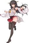  1girl absurdres black_hair boots breasts brown_eyes chest_sarashi commentary_request detached_sleeves hair_between_eyes hair_ornament hairband hairclip haruna_(kancolle) haruna_kai_ni_(kancolle) headgear highres japanese_clothes kantai_collection kinakomochi_(testament05) large_breasts long_hair no_panties nontraditional_miko red_skirt ribbon-trimmed_sleeves ribbon_trim sarashi sidelocks simple_background skirt smile thigh_boots very_long_hair 