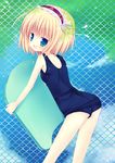  alice_margatroid ass bad_id bad_pixiv_id blonde_hair blue_eyes kickboard looking_back mizuse_ruka one-piece_swimsuit school_swimsuit short_hair solo swimsuit touhou 