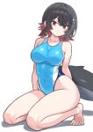  1girl barefoot black_hair blue_one-piece_swimsuit breasts colored_inner_hair commentary_request competition_swimsuit covered_navel ellen_joe feet fins fish_tail highleg highleg_one-piece_swimsuit kneeling kusunoki_toona looking_at_viewer medium_breasts multicolored_hair one-piece_swimsuit red_eyes red_hair shark_girl shark_tail short_hair simple_background solo swimsuit tail white_background zenless_zone_zero 