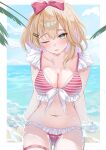  1girl absurdres arm_support beach bikini blonde_hair blue_sky blush border bow breasts cleavage cloud cloudy_sky collarbone commentary day frilled_bikini frills green_eyes hair_between_eyes hair_ornament hairclip highres kurumi_noah kurumi_noah_(summer_c102) large_breasts long_hair looking_at_viewer multicolored_hair navel ocean one_eye_closed outdoors outside_border parallel_hairclips pink_bikini pink_bow purple_hair sand sitting sitting_on_water sky solo stomach striped_bikini striped_clothes sweat swimsuit thigh_strap tihayasan-ktkr virtual_youtuber vspo! water white_border 