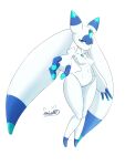 3:4 blue_body blue_eyes breasts emixxart eyelashes featureless_breasts female forehead_gem gem hi_res horn humanoid looking_at_viewer lunaris_(pal) multicolored_body navel pal_(species) palworld pocketpair simple_background solo white_background white_body