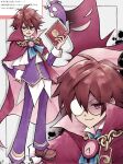  1boy arm_behind_back brown_hair brown_shoes cape chain clock closed_mouth collared_shirt commentary_request full_body ghost glasses highres jacket klug_(puyopuyo) looking_at_viewer male_focus marshmallow_(site) multiple_views opaque_glasses open_mouth pants partially_opaque_glasses portrait purple_jacket purple_pants puyopuyo puyopuyo_fever_2 red_cape red_eyes request_inset round_eyewear shirt shoes short_hair sleeve_cuffs smile standing strange_klug translation_request unipy_708 white_shirt 