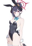  1girl absurdres alternate_costume alternate_hairstyle animal_ear_hairband animal_ears aqua_bow aqua_bowtie bare_shoulders black_hair black_horns black_leotard black_shoes blue_archive bow bowtie breasts chiaki_(blue_archive) chinese_commentary commentary_request covered_navel demon_girl demon_horns detached_collar fake_animal_ears fake_tail hair_bun hair_ornament hair_scrunchie hairband halo hand_on_own_thigh high_heels highleg highleg_leotard highres holding holding_unworn_clothes holding_unworn_shoes horns leotard light_blush long_hair looking_at_viewer medium_breasts playboy_bunny pointy_ears rabbit_ear_hairband rabbit_ears rabbit_tail red_eyes red_halo scrunchie shoes simple_background skindentation solo strapless strapless_leotard tail thighhighs unworn_shoes white_background white_thighhighs white_wrist_cuffs wrist_cuffs xingyun_fankic yellow_scrunchie 