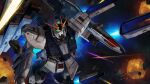  absurdres arm_shield battle beam_cannon beam_rifle copyright_notice debris energy_gun explosion fin_funnels green_eyes gundam gundam_battle_operation_2 highres holding holding_energy_gun holding_weapon mecha mecha_focus mobile_suit nebula no_humans nu_gundam_double_fin_funnel_type official_art realistic robot science_fiction shield solo space star_(sky) sunrise_(company) tenjin_hidetaka thrusters v-fin weapon zero_gravity 