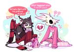 4_arms angel_dust animal_humanoid anthro arachnid arachnid_humanoid arthropod arthropod_humanoid broken_heart choker clothing demon dialogue domestic_pig ear_piercing ear_ring fat_nuggets_(hazbin_hotel) felid felid_humanoid feline feline_humanoid feral group hazbin_hotel hellaverse heterochromia hi_res humanoid husk_(hazbin_hotel) jewelry legwear male mammal mammal_humanoid mentioned_character multi_arm multi_limb necklace piercing question_mark ring_piercing speech_bubble stockings suid suine sus_(pig) suspenders sweater swirly_tail tail topwear trio triona-tribble wings
