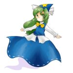  1girl akyuu's_untouched_score blue_dress blue_hat bow bowtie commentary_request dress ghost ghost_tail green_hair hat highres looking_at_viewer mima_(touhou) outstretched_arms shirt simple_background solo spread_arms star_(symbol) star_print touhou touhou_(pc-98) trutsmn white_background white_shirt wizard_hat yellow_bow yellow_bowtie 