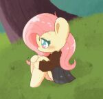 2022 animated animated_gif anthro arms_around_legs black_bottomwear black_clothing black_skirt black_sweater black_topwear blush bottomwear chibi clothing digital_media_(artwork) embarrassed equid equine eyelashes featureless_feet featureless_hands feet female fluttershy_(mlp) friendship_is_magic fur hasbro hi_res holding_both_legs horse legs_together looking_at_viewer mammal mane my_little_pony panties panty_shot pink_clothing pink_mane pink_panties pink_underwear plant pleated_skirt pony short_playtime sitting_on_grass skirt smile smiling_at_viewer solo sweater topwear tree typhwosion underwear yellow_body yellow_fur