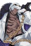  1boy absurdres bare_pectorals belt black_belt black_shirt chain coat collared_shirt commentary dark-skinned_male dark_skin eyewear_on_head full-body_tattoo gloves gold_chain hand_on_own_cheek hand_on_own_face highres jacket limbus_company looking_at_viewer male_focus matthias_(project_moon) no_nipples open_clothes open_shirt ovolinyu pants pectorals project_moon purple_coat scar scar_on_pecs shirt short_hair simple_background solo sunglasses sword sword_on_back tattoo weapon weapon_on_back white_background white_gloves white_hair white_jacket white_pants yellow_eyes 