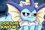 3:2 absurd_res ambiguous_gender aquatic blue_body digital_media_(artwork) does_he_know_(meme) eeveelution feral fish generation_1_pokemon hi_res humor krita_(artwork) mane meme nintendo outline pokemon pokemon_(species) purple_eyes rushthepenguin shaded simple_background smug solo spikes tail tan_ears text thick_tail vaporeon wet youtube youtube_thumbnail