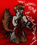 ambiguous_gender anthro blood blood_in_mouth blood_on_face blood_splatter bodily_fluids bright_colors clothed clothing coat eyewear fur glasses gloves gore gore_focus gulonine guts handwear hi_res horror_(theme) intestines kneeling knife lab_coat mad_scientist mammal marten multicolored_body multicolored_fur mustelid musteline open_clothing open_shirt open_topwear organs pine_marten scientist shirt shush solo spice spicymustelid topwear wearing_glasses wound_on_torso wounded