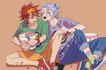  2boys bandaid bandaid_on_knee bandaid_on_leg blue_eyes blue_hair commentary converse green_shirt hair_between_eyes hasegawa_langa ice_cream_scoop_(utensil) knee_up kyan_reki male_focus multiple_boys open_mouth orange_shorts pants red_hair shirt shoe_soles shoes shorts sitting sk8_the_infinity sleeves_rolled_up socks t-shirt untranslatable_commentary wwrin_sk8 yellow_eyes 