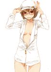  adjusting_clothes adjusting_hat arms_up bob_cut bottomless breasts brown_eyes brown_hair cabbie_hat cleavage glasses hat medium_breasts naughty_face no_bra original shimimaru short_hair smile solo unzipped zipper 