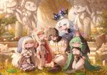  1boy 4girls absurdres axe black_dress black_hair black_wings blitz_predator blonde_hair blue_eyes blush_stickers breasts candle cape cassock chibi cleavage closed_eyes commentary_request crown dress erpin_(trickcal) fang feathered_wings fewer_digits floating floating_crown flower garter_straps grass green_hair head_wings head_wreath heterochromia highres holding_head_wreath joanne_(trickcal) korean_commentary large_breasts leader_(trickcal) long_hair multiple_girls ner_(trickcal) nun nun_headdress on_ground open_mouth pelvic_curtain purple_eyes red_cape red_eyes robe short_dress sitting smile star-shaped_pupils star_(symbol) statue symbol-shaped_pupils thighhighs trickcal vela_(trickcal) very_long_hair white_dress white_hair white_robe white_thighhighs wings 