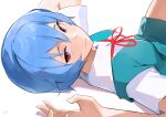  1girl absurdres ayanami_rei blue_dress blue_hair dress highres looking_at_viewer lying neck_ribbon neon_genesis_evangelion on_back pinafore_dress red_eyes red_ribbon ribbon school_uniform shirt short_hair simple_background sleeveless sleeveless_dress solo t-lex tokyo-3_middle_school_uniform white_background white_shirt 