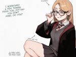  1girl animification black_robe blonde_hair breasts diagonal-striped_clothes diagonal-striped_necktie earrings english_commentary english_text genderswap genderswap_(mtf) glasses green_eyes harry_potter_(series) hogwarts_school_uniform hoop_earrings jewelry kiryupa long_hair long_sleeves looking_at_viewer malfoid necktie open_mouth pleated_skirt red_necktie red_robe robe round_eyewear school_uniform shirt simple_background sitting skirt slytherin smile solo striped_clothes striped_necktie two-sided_fabric two-sided_robe two-tone_robe white_background white_shirt wizarding_world 