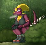 anthro behind_shrub big_breasts bottomwear breasts clothing convenient_censorship dragon dragonsteincole fart fart_cloud fart_fetish female female_pooping footwear hi_res implied_fart implied_scat mythological_creature mythological_scalie mythology nicola_(dragonsteincole) park pooping scalie shoes shorts solo
