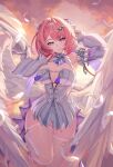  1girl absurdres armpits bilingual_commentary breasts commentary detached_sleeves dress feathered_wings highres jun26 large_breasts looking_at_viewer low_wings medium_hair mixed-language_commentary mole mole_under_eye pink_hair purple_eyes remielle_dan sky smile solo thaumiel_(zenless_zone_zero) thighhighs white_dress white_sleeves white_thighhighs white_wings wings zenless_zone_zero 
