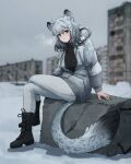  1girl animal_ears aqua_eyes archirai black_boots blush boots closed_mouth fur-trimmed_jacket fur_trim hair_between_eyes highres jacket long_sleeves looking_at_viewer medium_hair multicolored_hair original outdoors pants partially_open_shirt sitting snow snow_leopard_ears snow_leopard_tail tail white_jacket white_pants 