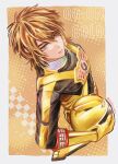  1boy absurdres animification assault_visor belt belt_buckle black_bodysuit bodysuit border brown_hair buckle character_name commentary dondon_maru elbow_gloves engine_sentai_go-onger english_text from_above gloves go-on_gold gold_background gold_bodysuit gold_gloves gold_helmet gold_theme helmet high_collar highres holding holding_unworn_helmet insignia lips looking_at_viewer male_focus multicolored_bodysuit orange_eyes parted_lips serious short_hair solo spiked_hair super_sentai sutou_hiroto thick_eyebrows tokusatsu twitter_username two-tone_bodysuit unworn_headwear unworn_helmet utility_belt white_border 