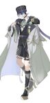  1boy alternate_costume anemo_symbol_(genshin_impact) aqua_ascot aqua_gem ascot belt bishounen black_boots black_hat black_jacket black_shorts black_sleeves blunt_ends boots brooch chain closed_mouth coat coat_on_shoulders collared_shirt colored_inner_hair commentary_request dress_shirt expressionless feathers fingernails formal_clothes full_body fur-trimmed_coat fur-trimmed_sleeves fur_hat fur_trim gem genshin_impact gold_chain gold_ring hand_up hat hat_tassel high_heel_boots high_heels highres jacket jewelry knee_boots lapels legwear_garter looking_down male_focus middle_ring multicolored_hair notched_lapels open_hand papakha platform_boots pom_pom_(clothes) purple_belt purple_eyes purple_gem purple_hair retujyo4go scaramouche_(genshin_impact) shirt shorts solo three-quarter_sleeves tsurime undershirt wanderer_(genshin_impact) white_background white_coat white_shirt wolf_cut yellow_feathers 