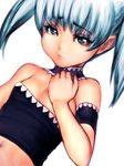  arm_garter bangs bare_shoulders blue_eyes blue_hair choker copyright_request covering covering_breasts dutch_angle eyelashes eyeshadow flat_chest frown fumio_(rsqkr) hand_on_own_chest looking_at_viewer makeup midriff navel one_breast_out raised_eyebrows short_hair short_twintails simple_background solo strapless tubetop twintails upper_body white_background younger 