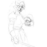 1:1 anonamine anthro breasts canid canine canis english_text eye_patch eyewear facial_markings female five_nights_at_freddy's five_nights_at_freddy's:_security_breach head_markings hi_res holding_melee_weapon holding_object holding_sword holding_weapon knight knight_armor mammal markings melee_weapon monochrome roxanne_wolf scar scottgames sketch solo standing steel_wool_studios sword text warrior weapon wolf