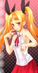  blazblue blonde_hair food fruit highres holding holding_food holding_fruit kawazakana long_hair rachel_alucard red_eyes solo strawberry twintails 