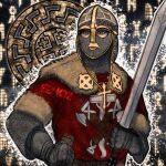  1boy anglo-saxon armor black_sun_(symbol) blue_eyes celtic_cross chainmail commission cross cross_necklace eschatonicism fasces_(object) fur_trim gauntlets hand_on_own_hip heraldry highres holding holding_sword holding_weapon jewelry medieval necklace original scabbard sheath solo surcoat sutton_hoo_helmet sword upper_body weapon 