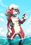 absurd_res anthro beverage black_nose claws fluffy fur generation_7_pokemon hi_res homa_nix lemonade looking_at_viewer lycanroc male mammal midnight_lycanroc naughtyroc_(hyperionskunk) nintendo orange_body orange_fur paws pokemon pokemon_(species) sea sky smile solo swimming tail water white_body white_fur