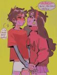  1boy 1girl blush boxers brother_and_sister cowboy_shot dipper_pines earrings gravity_falls hairband hetero holding_hands imminent_kiss incest jewelry mabel_pines male_underwear nervous_sweating pleated_skirt shirt siblings simple_background sketch skirt smile speech_bubble star_(symbol) star_earrings sweat sweater t-shirt turtleneck turtleneck_sweater twins underwear xx-pinetree-xx 