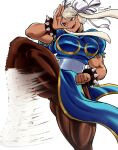  1girl absurdres afterimage animal_ears artist_name ass_visible_through_thighs blue_dress boots bracelet breasts brown_pantyhose bun_cover chinese_clothes chun-li chun-li_(cosplay) clenched_hand commentary cosplay dark-skinned_female dark_skin double_bun dress earrings english_commentary floating_hair gold_trim hair_bun hand_up highres hyakuretsukyaku jewelry kicking knee_up large_breasts long_eyelashes long_hair long_sidelocks mirko motion_blur motion_lines pantyhose pelvic_curtain puffy_sleeves qipao rabbit_ears rabbit_girl red_eyes sash shibbunny sidelocks sign simple_background smile solo spiked_bracelet spikes street_fighter swept_bangs thick_thighs thighs white_background white_hair white_sash 