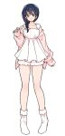  1girl black_hair bloomers bow braid braid_over_shoulder cardigan closed_mouth commentary_request dress full_body hair_bow hair_over_shoulder highres long_sleeves looking_at_viewer pink_cardigan shokugeki_no_souma short_dress simple_background single_braid sleeveless sleeveless_dress sleeves_past_wrists smile socks solo standing tadokoro_megumi toy-black white_background white_dress white_socks yellow_eyes 