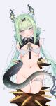  1girl antenna_hair arknights arknights:_endfield arms_behind_back blush bottomless bound bound_arms bound_legs breast_curtains breasts colored_extremities commentary_request convenient_tail dragon_girl dragon_horns dragon_tail eastern_dragon_horns eastern_dragon_tail galileoningyo_e green_arm green_hair green_hands green_horns highres horns looking_at_viewer low_twintails navel pointy_ears si_(arknights) simple_background small_breasts solo tail thigh_strap trembling twintails underboob very_low_bun 