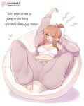  1girl absurdres alternate_costume arm_up artist_name baggy_pants bean_bag_chair blush bow bra breasts brown_hair commentary doki_doki_literature_club english_commentary english_text full_body green_eyes hair_bow hand_up heart highres jacket long_sidelocks monika_(doki_doki_literature_club) navel one_eye_closed open_clothes open_jacket open_mouth pants patreon_logo raion_(raionart) sidelocks simple_background solo stretching talking underwear white_background white_bow white_bra 