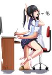  1girl artist_self-insert bad_id bad_pixiv_id barefoot black_hair bow chair closed_eyes computer desk directional_arrow faceless faceless_male hair_bow hand_behind_head hetero highres legs love_plus majicjiang multitasking open_mouth panties panties_around_one_leg pen ponytail profile saliva school_uniform serafuku sex simple_background skirt slippers straddling takane_manaka tears tongue underwear upright_straddle 