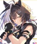  animal_ears antenna_hair arm_belt arm_strap art_program_in_frame cleavage_cutout clenched_hands clothing_cutout commentary_request ear_covers fighting_stance fingerless_gloves fur_trim gloves hair_between_eyes hair_ornament hairclip highres horse_ears horse_girl multicolored_hair sanbai2012 simple_background streaked_hair titleholder_(racing)_(umamusume) titleholder_(umamusume) umamusume venus_paques_(umamusume) white_background white_streaks yellow_eyes 