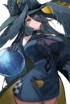  1girl black_dress black_gloves black_hair black_hat black_wings blackbird_(nte) breasts chain commentary_request cowboy_shot diamond_(shape) diamond_facial_mark dress facial_mark gloves hair_over_one_eye halter_dress halterneck hat head_wings highres large_breasts large_hat long_hair looking_at_viewer neverness_to_everness parted_lips simple_background solo white_background winged_hat wings witch_hat yame_pi yellow_eyes 