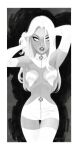 1girl arm_behind_head border breasts breasts_apart bruce_timm bruce_timm_(style) center_opening commentary cowboy_shot crop_top detached_collar elbow_gloves emma_frost english_commentary eyelashes finger_to_own_chin gloves greyscale hair_lift hand_up head_tilt highres legs_together long_hair looking_at_viewer marvel medium_breasts monochrome parted_lips short_shorts shorts standing thigh_gap thighhighs third-party_source toon_(style) turtleneck white_border x-men 