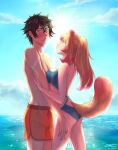  1boy 1girl absurdres alternate_costume animal_ears artist_logo artist_name ass averting_eyes black_hair blue_one-piece_swimsuit blue_sky blunt_bangs blush breasts brown_hair cleavage closed_mouth cloud cloudy_sky colored_tips commentary_request contemporary cowboy_shot crossed_bangs day green_eyes hair_between_eyes highres iwatani_naofumi leaning_forward leaning_on_person logo looking_at_another looking_to_the_side medium_breasts messy_hair multicolored_hair ocean one-piece_swimsuit orange_swim_trunks outdoors pink_eyes pixiv_id ponytail raccoon_ears raccoon_girl raccoon_tail raphtalia red_hair short_hair sky standing sun swimsuit tail tanuki tate_no_yuusha_no_nariagari twitter_username two-tone_hair vkontakte_username watermark white_trim yuria-chu 