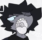 anthro aquatic black_clothing black_shirt black_topwear blue_eyes bodily_fluids clothing dorsal_fin dripping ester_(estermaelstrom) estermaelstrom fin fish grey_body half-closed_eyes male mouth_shot narrowed_eyes one_eye_closed open_mouth requiem_shark saliva saliva_drip saliva_string shark sharp_teeth shirt teeth tiger_shark tongue tongue_out topwear uvula