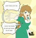  1girl bible_(object) blue_eyes braid braided_ponytail christ-chan christianity collar cross cross_necklace drawfag dress green_dress hair_ornament hairclip hand_on_own_chin highres i_have_the_power_of_god_and_anime_on_my_side_(meme) jewelry light_smile long_dress long_hair long_sleeves looking_to_the_side meme necklace non-web_source open_mouth original single_braid solo speech_bubble white_collar white_sleeves 