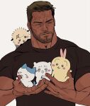  1boy 4others animal_ears bara beard_stubble bonjourdraws broad_shoulders brown_hair brown_shirt cat_ears cat_tail chiikawa chiikawa_(character) crossover facial_hair green_eyes hachiware_(chiikawa) highres holding holding_finger jack_reacher male_focus mature_male multiple_others nuzzle rabbit_ears rakko_(chiikawa) reacher scar_on_head shirt simple_background stubble tail thick_neck usagi_(chiikawa) white_background 