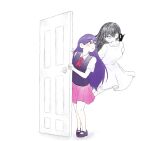  2girls absurdres bilingual_commentary black_hair black_shoes black_sweater_vest blush closed_mouth collared_shirt colored_skin door double-parted_bangs dress dual_persona english_commentary hair_behind_ear hair_between_eyes highres invisible_floor long_hair mari_(headspace)_(omori) mari_(omori) mari_(spirit)_(omori) mixed-language_commentary multiple_girls neckerchief omori purple_eyes purple_hair red_neckerchief red_skirt shirt shoes short_sleeves simple_background skirt something_(omori) spoilers standing sweater_vest tsu_kaeki06 white_background white_dress white_eyes white_shirt white_skin 