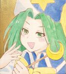  1girl :d akyuu's_untouched_score blue_capelet blue_hat blush_stickers bow bowtie capelet commentary_request crescent green_eyes green_hair hand_up hat highres holding holding_staff looking_at_viewer mima_(touhou) simple_background smile solo staff star_(symbol) star_print takegusa touhou touhou_(pc-98) traditional_media wizard_hat yellow_background yellow_bow yellow_bowtie 