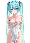  1girl absurdres alternate_breast_size_(larger) amaama_(beccyonaika1) bare_shoulders breasts cleavage closed_mouth collarbone commentary_request dot_mouth hair_between_eyes hair_ornament hand_on_own_chest hatsune_miku highres large_breasts long_hair looking_at_viewer naked_towel simple_background solo towel twintails very_long_hair vocaloid white_background 