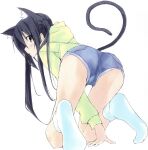  1girl animal_ear_fluff animal_ears between_legs black_hair blush cat_ears cat_girl cat_tail denim denim_shorts full_body hand_between_own_legs highres hood hood_down hoodie k-on! kneeling long_hair looking_at_viewer looking_back nakano_azusa shiki_59 short_shorts shorts simple_background socks solo tail twintails white_background white_socks yellow_hoodie 