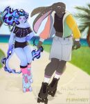 anthro beach birthday bottomwear clothe clothing dipodid efia efia_jerboa female fire flat_colors footwear hi_res jacket jerboa lagomorph legwear leporid male male/female mammal palm_tree plangiart plant rabbit rodent roller_skates rollers sea shorts smile solo sport stockings sunny topwear tree water