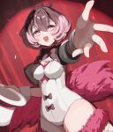  1girl black_bow bow breasts brown_bow brown_hair commentary_request curtains fishnet_thighhighs fishnets funny_trick hat highres holding holding_unworn_clothes holding_unworn_hat magical_girl mahou_shoujo_ikusei_keikaku mahou_shoujo_ikusei_keikaku_limited medium_breasts multicolored_hair open_mouth pink_hair shamomo smile thighhighs top_hat two-tone_hair unworn_hat unworn_headwear 